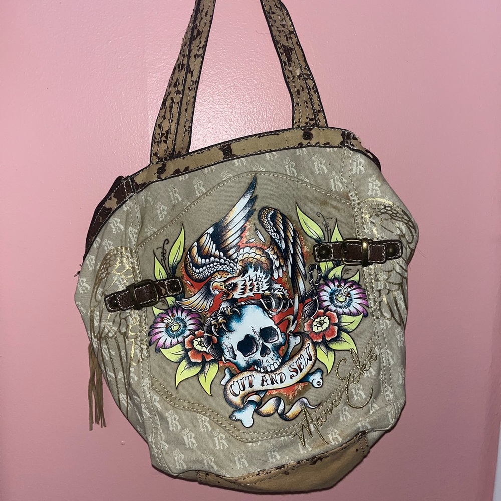 Marc Ecko Tan Tote with Skull and Eagle Design
